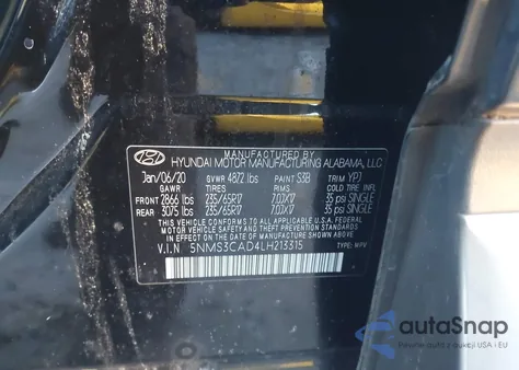 2020 Hyundai Santa Fe Sel z USA, uszkodzony, nr VIN 5NMS3CAD4LH213315